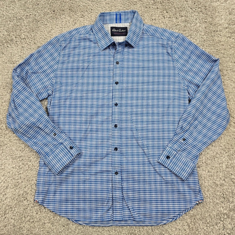Robert Graham Men's Blue Check Button Up Shirt 2XL Tailored Fit Office Party - Picture 3 of 10